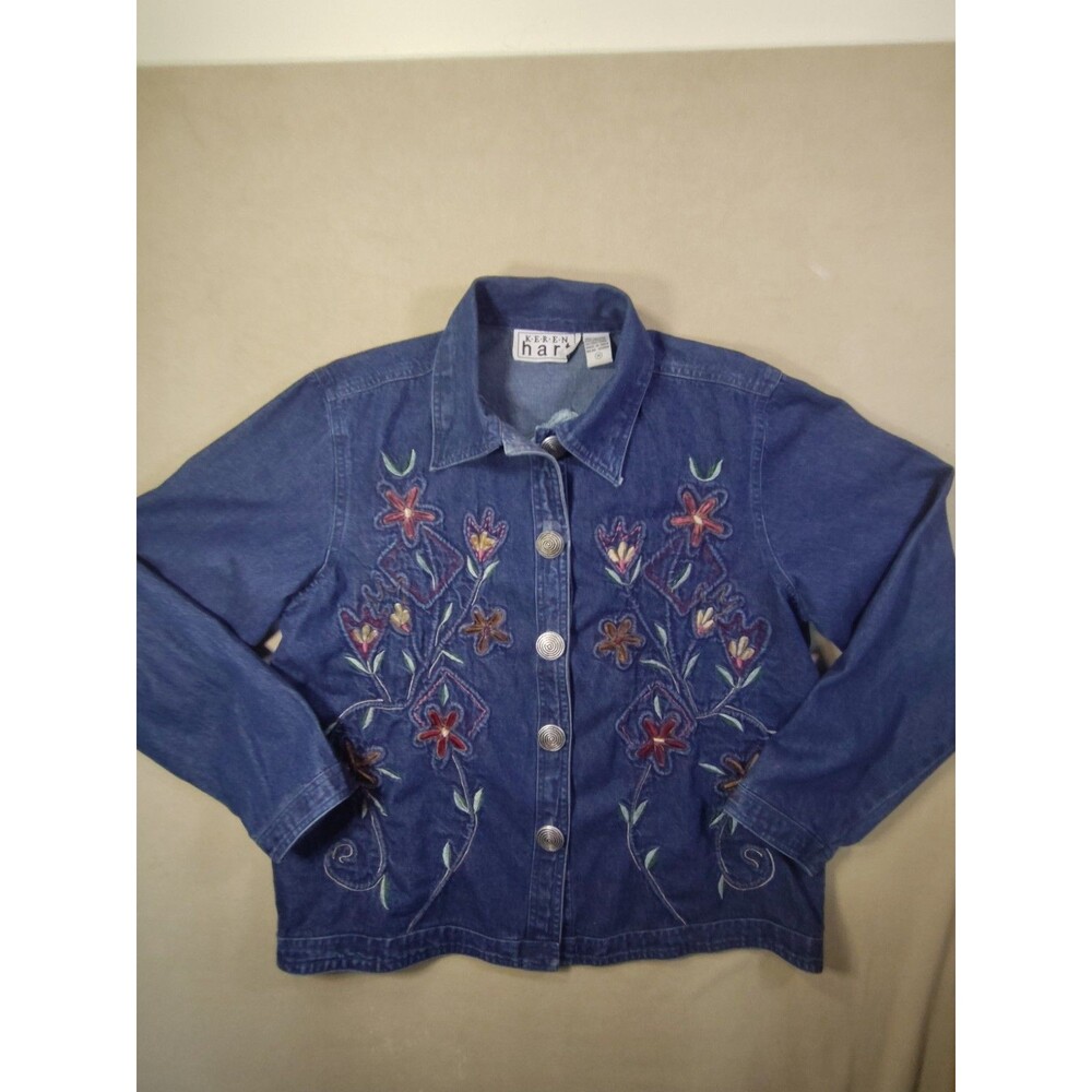 Vintage Keren Hart Embroidered Denim Jacket Womens Medium Blue Floral Swirl Boho